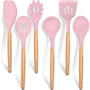 imageEfar Cooking Utensils Set of 6 Silicone Kitchen Utensils with Wooden Handle Nonstick Cookware Friendly ampamp Heat Resistant Includes SpatulaLadleSlotted TurnerServing SpoonSpaghetti ServerBlackPink