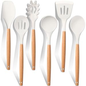 imageEfar Cooking Utensils Set of 6 Silicone Kitchen Utensils with Wooden Handle Nonstick Cookware Friendly ampamp Heat Resistant Includes SpatulaLadleSlotted TurnerServing SpoonSpaghetti ServerBlackWhite