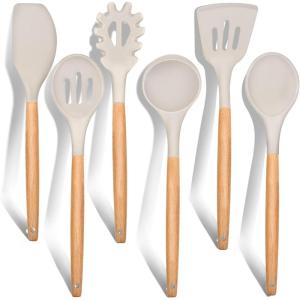 imageEfar Cooking Utensils Set of 6 Silicone Kitchen Utensils with Wooden Handle Nonstick Cookware Friendly ampamp Heat Resistant Includes SpatulaLadleSlotted TurnerServing SpoonSpaghetti ServerBlackKhaki