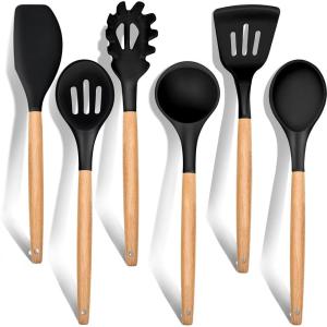 imageEfar Cooking Utensils Set of 6 Silicone Kitchen Utensils with Wooden Handle Nonstick Cookware Friendly ampamp Heat Resistant Includes SpatulaLadleSlotted TurnerServing SpoonSpaghetti ServerBlackBlack