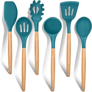 imageEfar Cooking Utensils Set of 6 Silicone Kitchen Utensils with Wooden Handle Nonstick Cookware Friendly ampamp Heat Resistant Includes SpatulaLadleSlotted TurnerServing SpoonSpaghetti ServerBlackTeal Blue