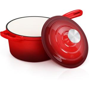 imageEfar Enameled Cast Iron Sauce Pan 2 Quart Dutch Oven Saucepan with Lid Small Sauce Pot for Cooking Boiling Healthy ampamp Non Toxic Induction ampamp Oven Safe OrangeRed