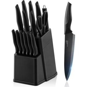 imageEfar Knife Set with Block 15 Pieces Kitchen Knife Block Set with Sharpener High Carbon Stainless Steel Sharp Chef Knife Set with Ergonomic Handles Anti Rust BlackBlack