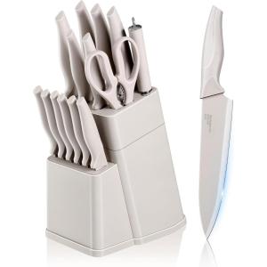 imageEfar Knife Set with Block 15 Pieces Kitchen Knife Block Set with Sharpener High Carbon Stainless Steel Sharp Chef Knife Set with Ergonomic Handles Anti Rust BlackKhaki