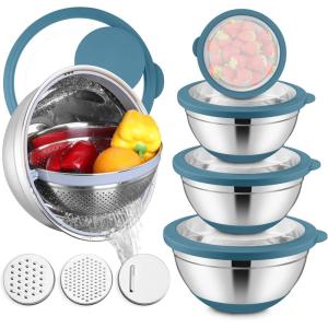 imageEfar Mixing Bowls with Lids Set 15PCS Stainless Steel Mixing Nesting Bowl with Colander ampamp 3 Metal Grater for Kitchen PrepBakingStorage NonSlip Bottom ampamp Airtight Lid 46 3 15 1 07QT KhakiBlue