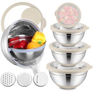 imageEfar Mixing Bowls with Lids Set 15PCS Stainless Steel Mixing Nesting Bowl with Colander ampamp 3 Metal Grater for Kitchen PrepBakingStorage NonSlip Bottom ampamp Airtight Lid 46 3 15 1 07QT KhakiKhaki