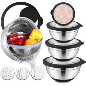 imageEfar Mixing Bowls with Lids Set 15PCS Stainless Steel Mixing Nesting Bowl with Colander ampamp 3 Metal Grater for Kitchen PrepBakingStorage NonSlip Bottom ampamp Airtight Lid 46 3 15 1 07QT KhakiBlack