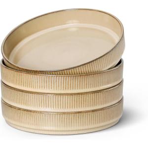 imageEfar Pasta Bowls Set of 4 35oz Large Salad Bowl Plate for Dinner Serving Soup Wide ampamp Shallow Ceramic Stoneware Pasta Plates Microwave ampamp Dishwasher Safe Reactive Glaze Textured Stripes Dusty BlueCaramel Khaki