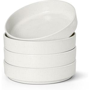 imageEfar Pasta Bowls Set of 4 35oz Large Salad Bowl Plate for Dinner Serving Soup Wide ampamp Shallow Ceramic Stoneware Pasta Plates Microwave ampamp Dishwasher Safe Reactive Glaze Textured Stripes Dusty BlueSpeckled White