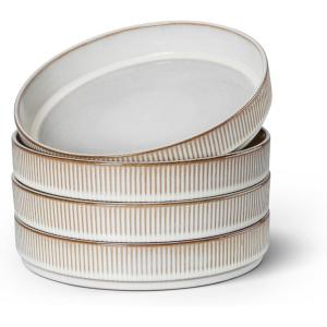 imageEfar Pasta Bowls Set of 4 35oz Large Salad Bowl Plate for Dinner Serving Soup Wide ampamp Shallow Ceramic Stoneware Pasta Plates Microwave ampamp Dishwasher Safe Reactive Glaze Textured Stripes Dusty BlueCreamy Beige