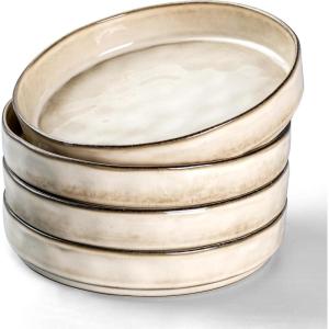 imageEfar Pasta Bowls Set of 4 35oz Large Salad Bowls for Serving Wide and Shallow Ceramic Plates for Kitchen Double Reactive Glaze Microwave and Dishwasher Safe Ocean BlueKhaki