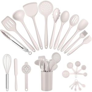 imageEfar Silicone Cooking Utensils Set 25 Piece Kitchen Utensils with Holder Non Toxic Kitchen Tools Spatula Turner Spoon Ladle Heat Resistant ampamp Dishwasher Safe  KhakiKhaki