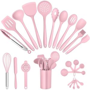 imageEfar Silicone Cooking Utensils Set 25 Piece Kitchen Utensils with Holder Non Toxic Kitchen Tools Spatula Turner Spoon Ladle Heat Resistant ampamp Dishwasher Safe  KhakiPink