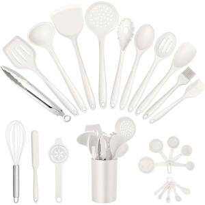 imageEfar Silicone Cooking Utensils Set 25 Piece Kitchen Utensils with Holder Non Toxic Kitchen Tools Spatula Turner Spoon Ladle Heat Resistant ampamp Dishwasher Safe  KhakiWhite
