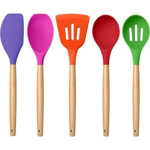 imageEfar Silicone Cooking Utensils Set 446 Heat Resistant 10PCS Kitchen Utensils Set with Wooden Handle for Nonstick Cookware Kitchen Tools Spatula Whisk Tongs Ladle Nontoxic ampamp Healthy WhiteMulticolor