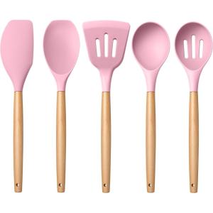 imageEfar Silicone Cooking Utensils Set 446 Heat Resistant 10PCS Kitchen Utensils Set with Wooden Handle for Nonstick Cookware Kitchen Tools Spatula Whisk Tongs Ladle Nontoxic ampamp Healthy WhitePink
