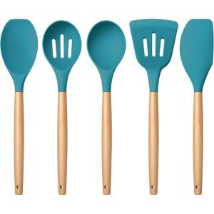 imageEfar Silicone Cooking Utensils Set 446 Heat Resistant 10PCS Kitchen Utensils Set with Wooden Handle for Nonstick Cookware Kitchen Tools Spatula Whisk Tongs Ladle Nontoxic ampamp Healthy WhiteNavy Blue