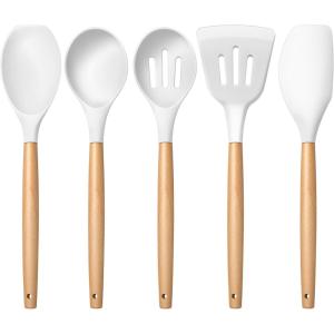 imageEfar Silicone Cooking Utensils Set 446 Heat Resistant 10PCS Kitchen Utensils Set with Wooden Handle for Nonstick Cookware Kitchen Tools Spatula Whisk Tongs Ladle Nontoxic ampamp Healthy WhiteWhite
