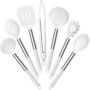 imageEfar Silicone Cooking Utensils Set 7 Pcs Heat Resistant Kitchen Utensils with Stainless Steel Handle Slotted Turner Spoon Soup Ladle Pasta Server Skimmer Tongs for Nonstick Cookware GrayWhite