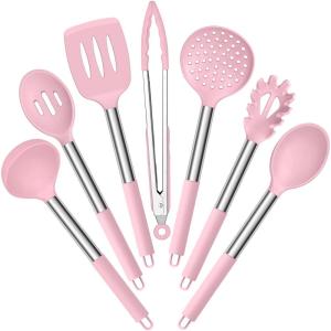 imageEfar Silicone Cooking Utensils Set 7 Pcs Heat Resistant Kitchen Utensils with Stainless Steel Handle Slotted Turner Spoon Soup Ladle Pasta Server Skimmer Tongs for Nonstick Cookware GrayPink