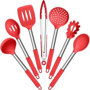 imageEfar Silicone Cooking Utensils Set 7 Pcs Heat Resistant Kitchen Utensils with Stainless Steel Handle Slotted Turner Spoon Soup Ladle Pasta Server Skimmer Tongs for Nonstick Cookware GrayRed