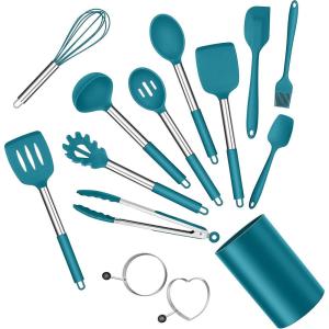 imageEfar Silicone Cooking Utensils Set 7 Pcs Heat Resistant Kitchen Utensils with Stainless Steel Handle Slotted Turner Spoon Soup Ladle Pasta Server Skimmer Tongs for Nonstick Cookware GrayBlue
