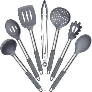 imageEfar Silicone Cooking Utensils Set 7 Pcs Heat Resistant Kitchen Utensils with Stainless Steel Handle Slotted Turner Spoon Soup Ladle Pasta Server Skimmer Tongs for Nonstick Cookware GrayGray