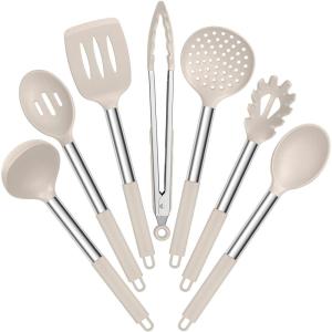 imageEfar Silicone Cooking Utensils Set 7 Pcs Heat Resistant Kitchen Utensils with Stainless Steel Handle Slotted Turner Spoon Soup Ladle Pasta Server Skimmer Tongs for Nonstick Cookware GrayKhaki