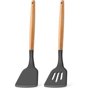 imageEfar Silicone Spatula Turner 2 Pack Heat Resistant Kitchen Spatulas for Nonstick Cookware Rubber Solid Slotted Spatula Cooking Utensils for Fish Eggs Pancakes WhiteGray