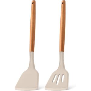 imageEfar Silicone Spatula Turner 2 Pack Heat Resistant Kitchen Spatulas for Nonstick Cookware Rubber Solid Slotted Spatula Cooking Utensils for Fish Eggs Pancakes WhiteKhaki