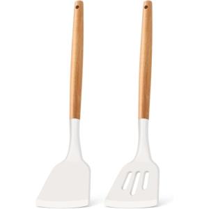 imageEfar Silicone Spatula Turner 2 Pack Heat Resistant Kitchen Spatulas for Nonstick Cookware Rubber Solid Slotted Spatula Cooking Utensils for Fish Eggs Pancakes WhiteWhite
