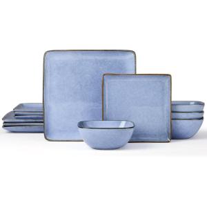 imageEfar Square Plates and Bowls Sets 12Piece Stoneware Dinnerware Sets for 4 Reactive Glaze Dish Set Chip and Scratch Resistant Microwave and Dishwasher Safe Seashell WhiteOcean Blue