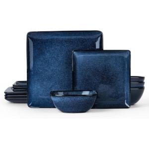 imageEfar Square Plates and Bowls Sets 12Piece Stoneware Dinnerware Sets for 4 Reactive Glaze Dish Set Chip and Scratch Resistant Microwave and Dishwasher Safe Seashell WhiteDeep Sea Blue