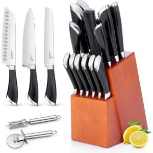 imageKnife Block Set for Kitchen Efar 17Piece High Carbon Forged Stainless Steel Knife Set Includes Chef Utility Paring Steak Serrated Bread Santoku Knife Sharpener  Full Tang DesignAbs Handle  Wooden Block