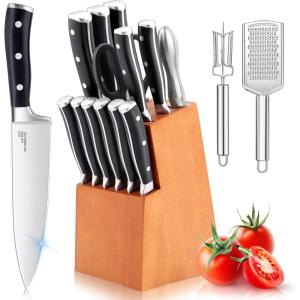 imageKnife Block Set for Kitchen Efar 17Piece High Carbon Forged Stainless Steel Knife Set Includes Chef Utility Paring Steak Serrated Bread Santoku Knife Sharpener  Full Tang DesignTriple Riveted Abs Handle