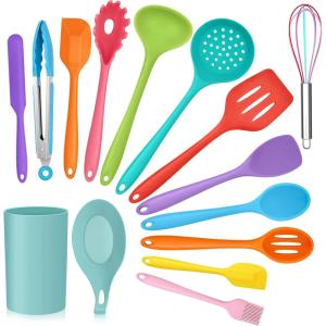 imageTeal Blue Kitchen Utensils Set Efar 15Piece Silicone Cooking Utensils with Holder Nonstick Cookware Friendly ampamp Heat Resistant Includes Ladle Spatula Spoon Slotted Turner for Cooking ampamp BakingColorful