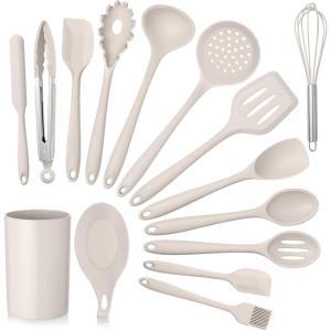 imageTeal Blue Kitchen Utensils Set Efar 15Piece Silicone Cooking Utensils with Holder Nonstick Cookware Friendly ampamp Heat Resistant Includes Ladle Spatula Spoon Slotted Turner for Cooking ampamp BakingKhaki