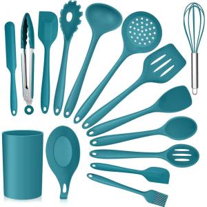 imageTeal Blue Kitchen Utensils Set Efar 15Piece Silicone Cooking Utensils with Holder Nonstick Cookware Friendly ampamp Heat Resistant Includes Ladle Spatula Spoon Slotted Turner for Cooking ampamp BakingTeal Blue