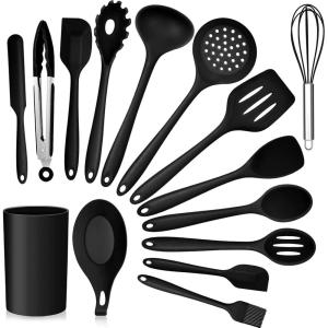 imageTeal Blue Kitchen Utensils Set Efar 15Piece Silicone Cooking Utensils with Holder Nonstick Cookware Friendly ampamp Heat Resistant Includes Ladle Spatula Spoon Slotted Turner for Cooking ampamp BakingBlack
