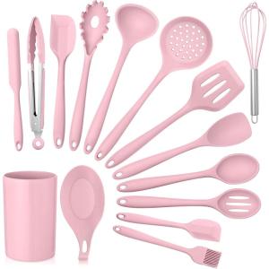 imageTeal Blue Kitchen Utensils Set Efar 15Piece Silicone Cooking Utensils with Holder Nonstick Cookware Friendly ampamp Heat Resistant Includes Ladle Spatula Spoon Slotted Turner for Cooking ampamp BakingPink