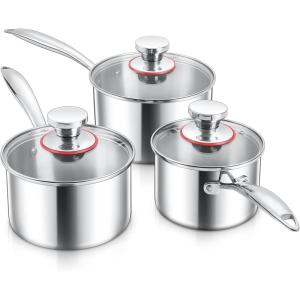 image123QT Saucepan with Lid Set of 3 Efar 1810 Stainless Steel Sauce Pan Pot Metal Triply Cookware for Kitchen Cooking Pasta Warming Milk Boiling Water Induction Ready ampamp Heavy Duty1QT  2QT  3QT