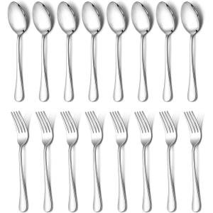 imageEfar 16Piece Dinner Forks and Spoons Stainless Steel Silverware Flatware Eating Utensils Set for Home Kitchen Restaurant Food Grade Metal ampamp Simple Design Mirror Finish ampamp Dishwasher Safe 8 Inch16