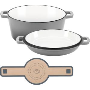 imageEfar 5 Quart Enameled Cast Iron Dutch Oven 2 in 1 Dutch Oven Pot with Skillet Lid and Silicone Bread Sling Ideal for Bread Baking Cooking Stewing Frying Induction ampamp Oven Safe  RedGray