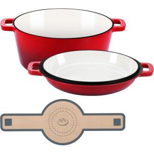 imageEfar 5 Quart Enameled Cast Iron Dutch Oven 2 in 1 Dutch Oven Pot with Skillet Lid and Silicone Bread Sling Ideal for Bread Baking Cooking Stewing Frying Induction ampamp Oven Safe  RedRed