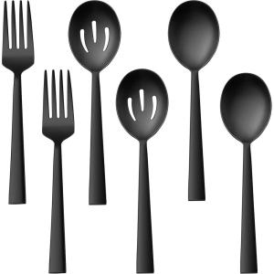 imageEfar Matte Black Serving Utensils Set of 6 Stainless Steel 87 Inch Hostess Serving Set Including MetalSlotted Spoons Forks for Party Buffet Catering Square Edge ampamp Rust FreeMatte Black