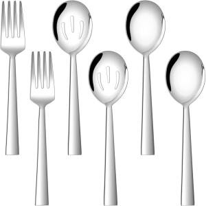 imageEfar Matte Black Serving Utensils Set of 6 Stainless Steel 87 Inch Hostess Serving Set Including MetalSlotted Spoons Forks for Party Buffet Catering Square Edge ampamp Rust FreeSilver