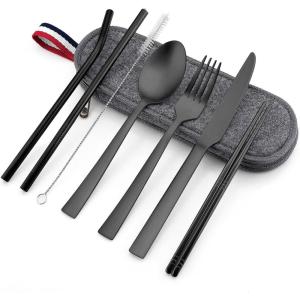 imageMatte Copper Travel Utensils with Case Efar 8Piece Reusable Travel Silverware Set Metal Portable Camping Cutlery Flatware Set Includes Knife Fork Spoon Chopsticks Straws Cleaning BrushBlack UtensilsGray Case