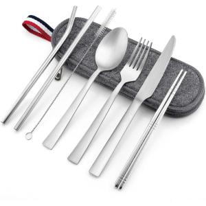 imageMatte Copper Travel Utensils with Case Efar 8Piece Reusable Travel Silverware Set Metal Portable Camping Cutlery Flatware Set Includes Knife Fork Spoon Chopsticks Straws Cleaning BrushSilver UtensilsGray Case