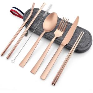 imageMatte Copper Travel Utensils with Case Efar 8Piece Reusable Travel Silverware Set Metal Portable Camping Cutlery Flatware Set Includes Knife Fork Spoon Chopsticks Straws Cleaning BrushCopper UtensilsGray Case