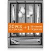 imageEfar 31Piece Silverware Set Stainless Steel Flatware Cutlery Set Service for 4 with Mesh Utensil Drawer Organizer Include ForksSpoonsKnivesSteak KnivesStraws Mirror Polish ampamp Dishwasher SafeSilver